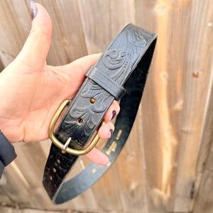 Boston Black Embossed Leather Belt with Brass Buckle